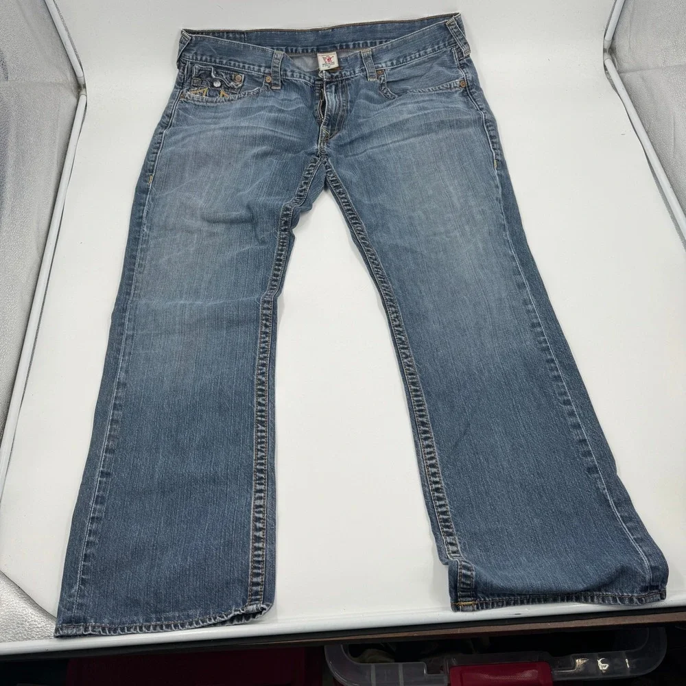 True Religion Straight Leg Jeans Mens 42 Blue Contrast Thick Stitch Made‎ in USA